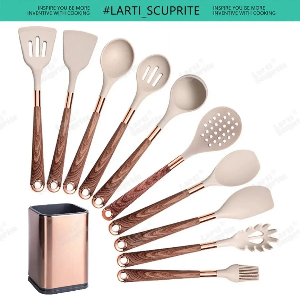 Gold Plated Handle Silicone Cooking Utensils Non-Stick Bpa