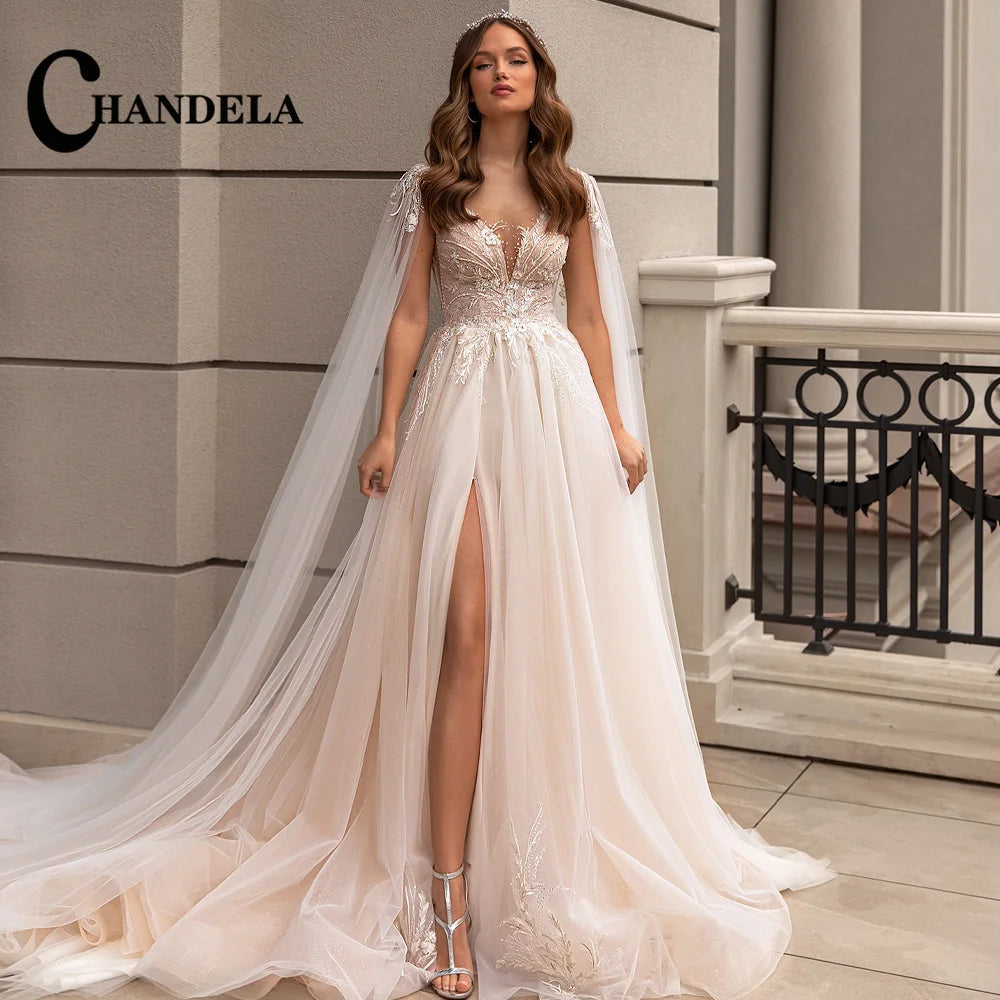 Chandela Bling Neck Wedding Dresses Woman Bride Detachable