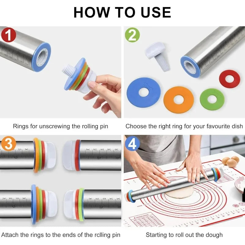 Adjustable Stainless Steel Rolling Pin Non-Stick Pastry Mat