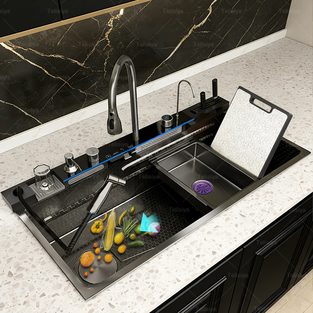 Stainless Steel Sink Digital Display Waterfall Large Slot