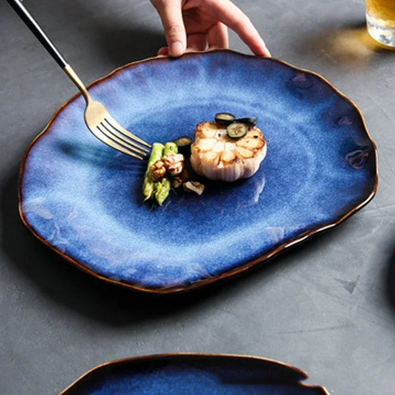Ceramic Plates Deep Blue Irregular Flat Plate Pottery
