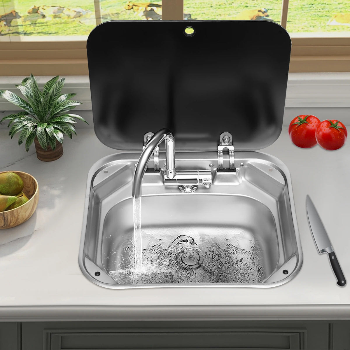 Rv Sink Foldable Tempered Glass Cover&Faucet Stainless Steel