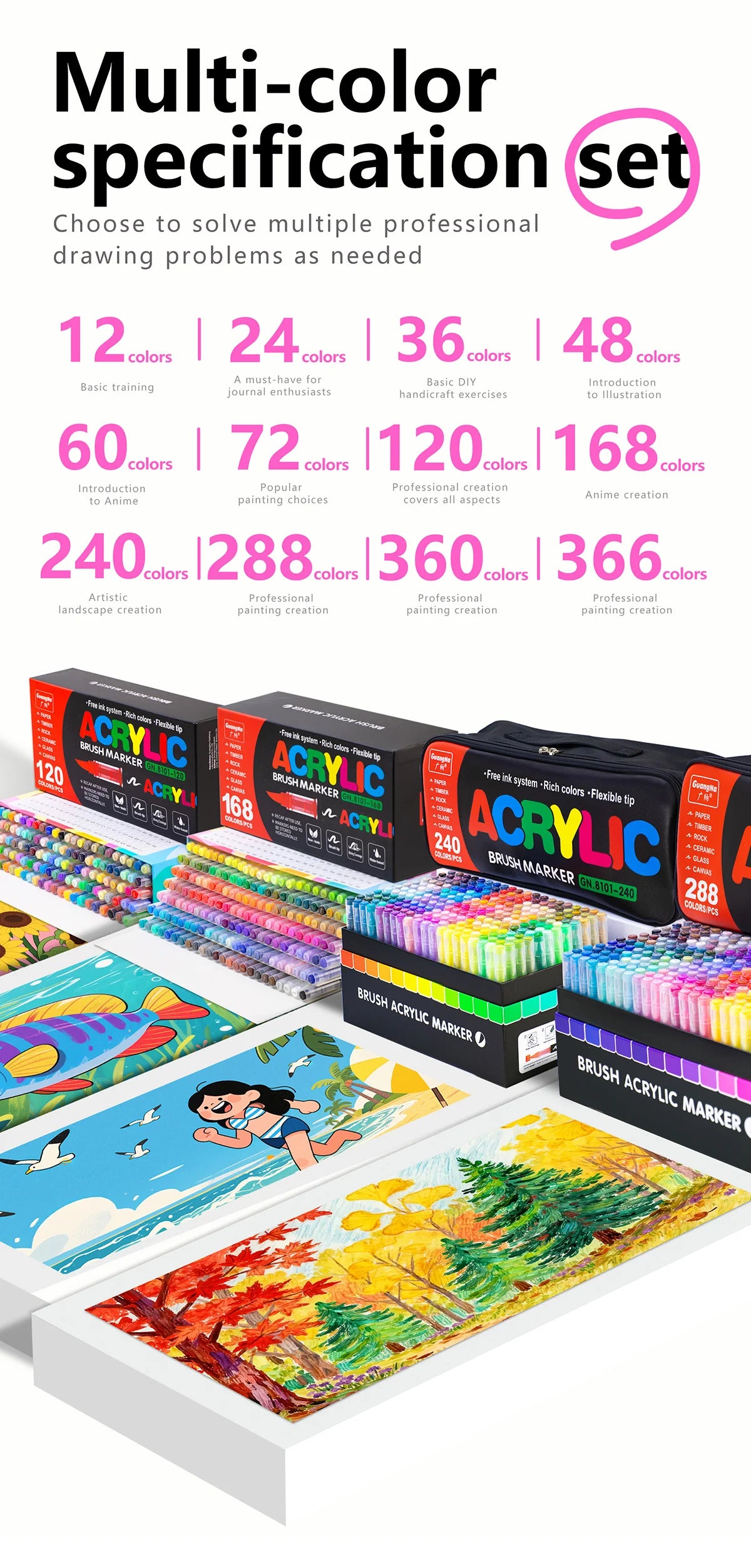 Gn 366 Colors Acrylic Paint Pens Markers Brush