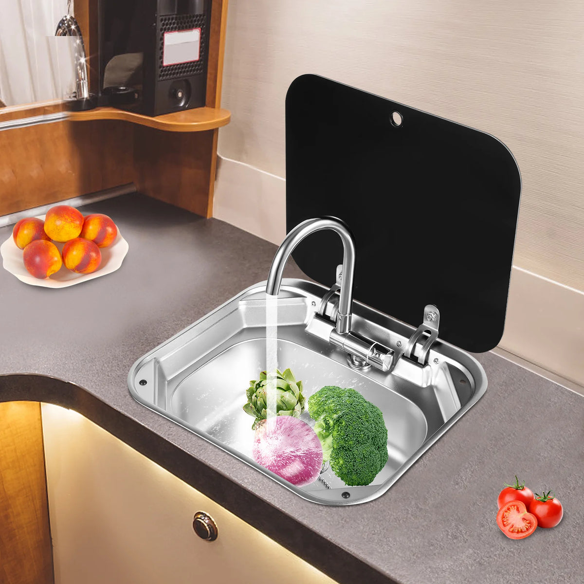 Rv Sink Foldable Tempered Glass Cover&Faucet Stainless Steel