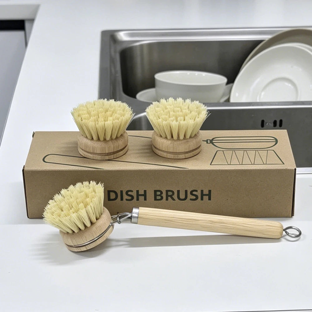 Wooden Handle Dish Brush Replacement Sisal Heads Cleaning