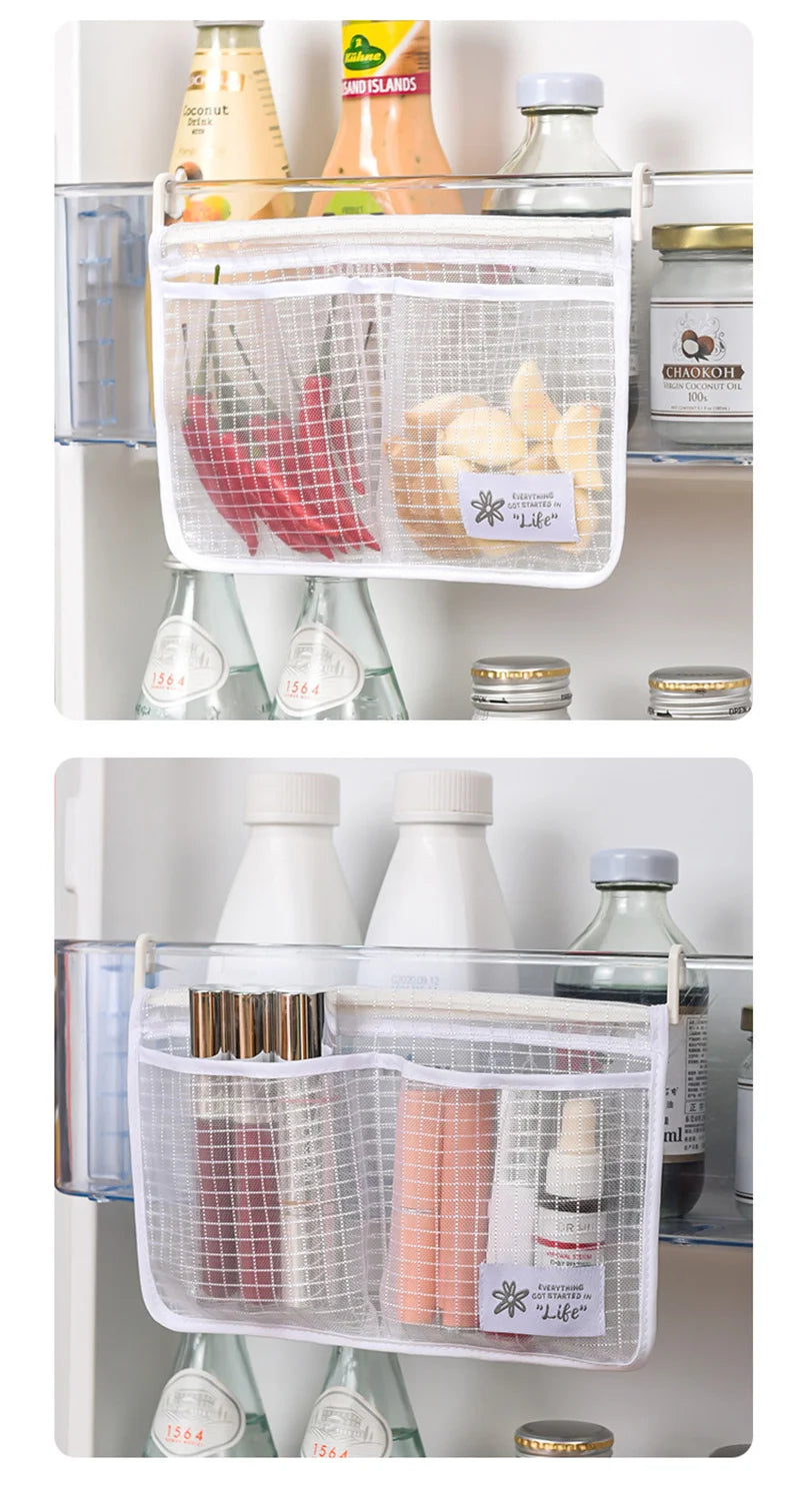 Refrigerator Storage Mesh Bag Double Compartment Hanging Pouch