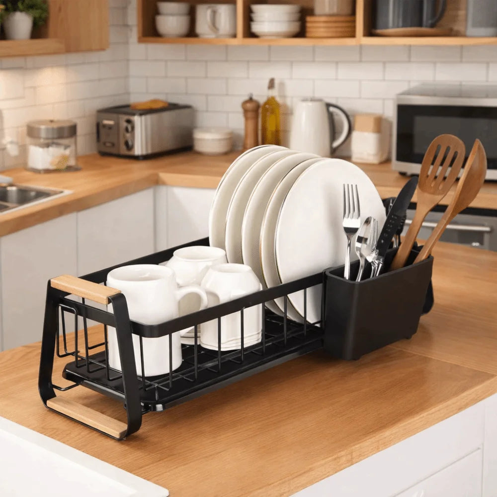 Detachable Dish Rack Wooden Handle Metal Frame Organizer