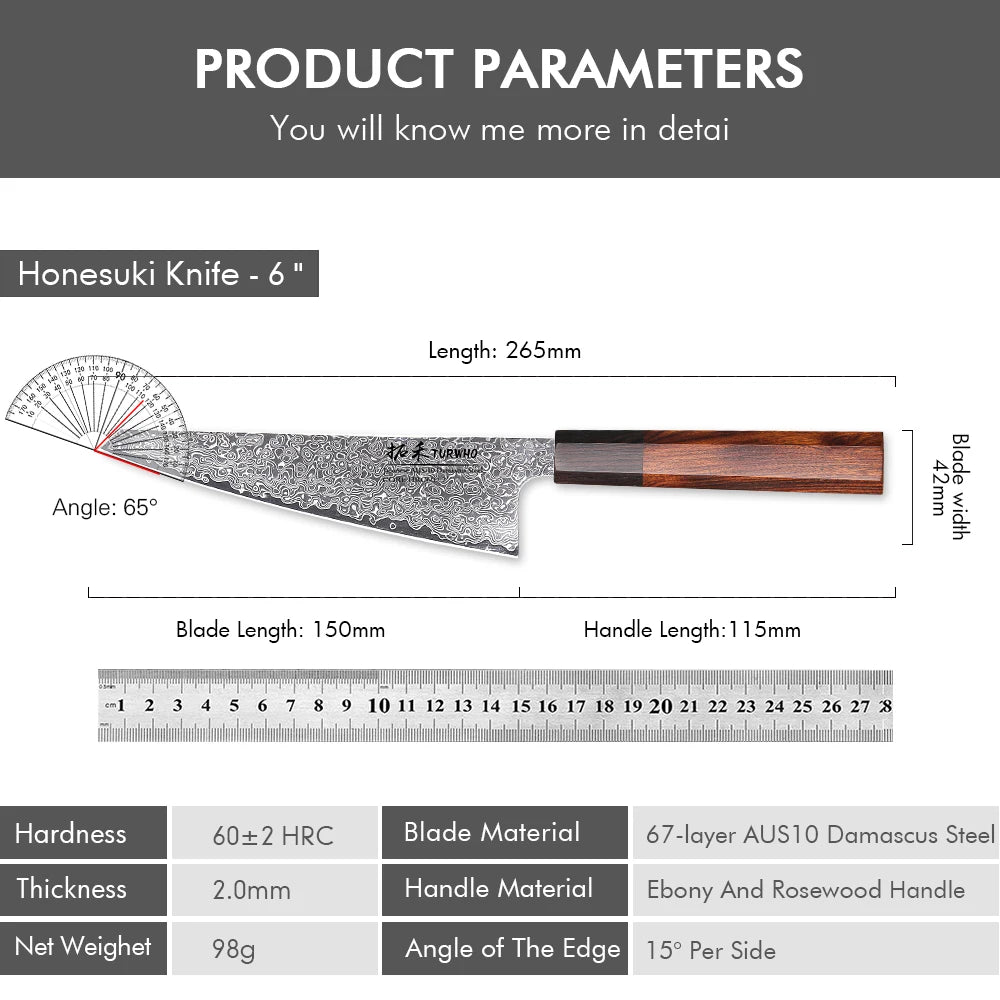Turwho Japanese Hand Forged Honesuki Chef Knife Damascus