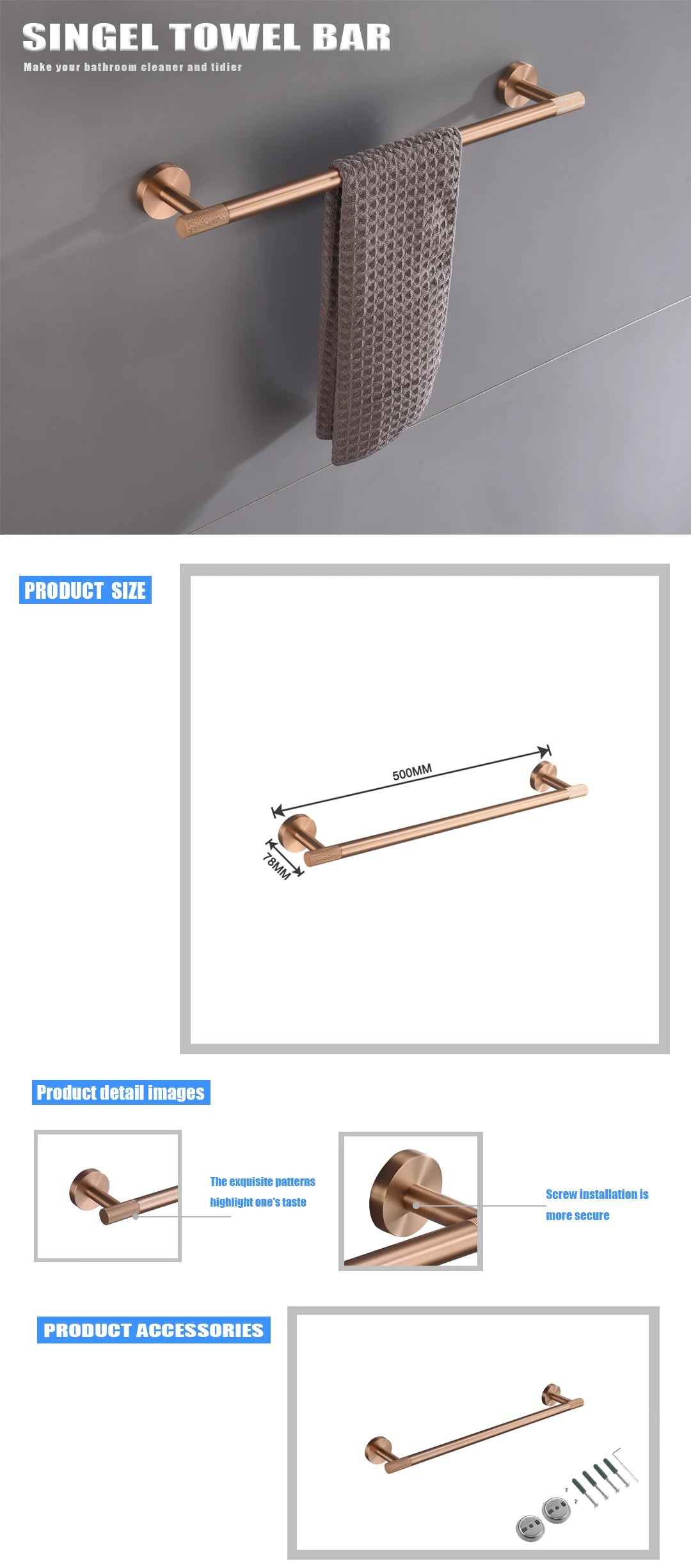 Brushed Rose Gold Stainless Steel Bathroom Hardware Towel