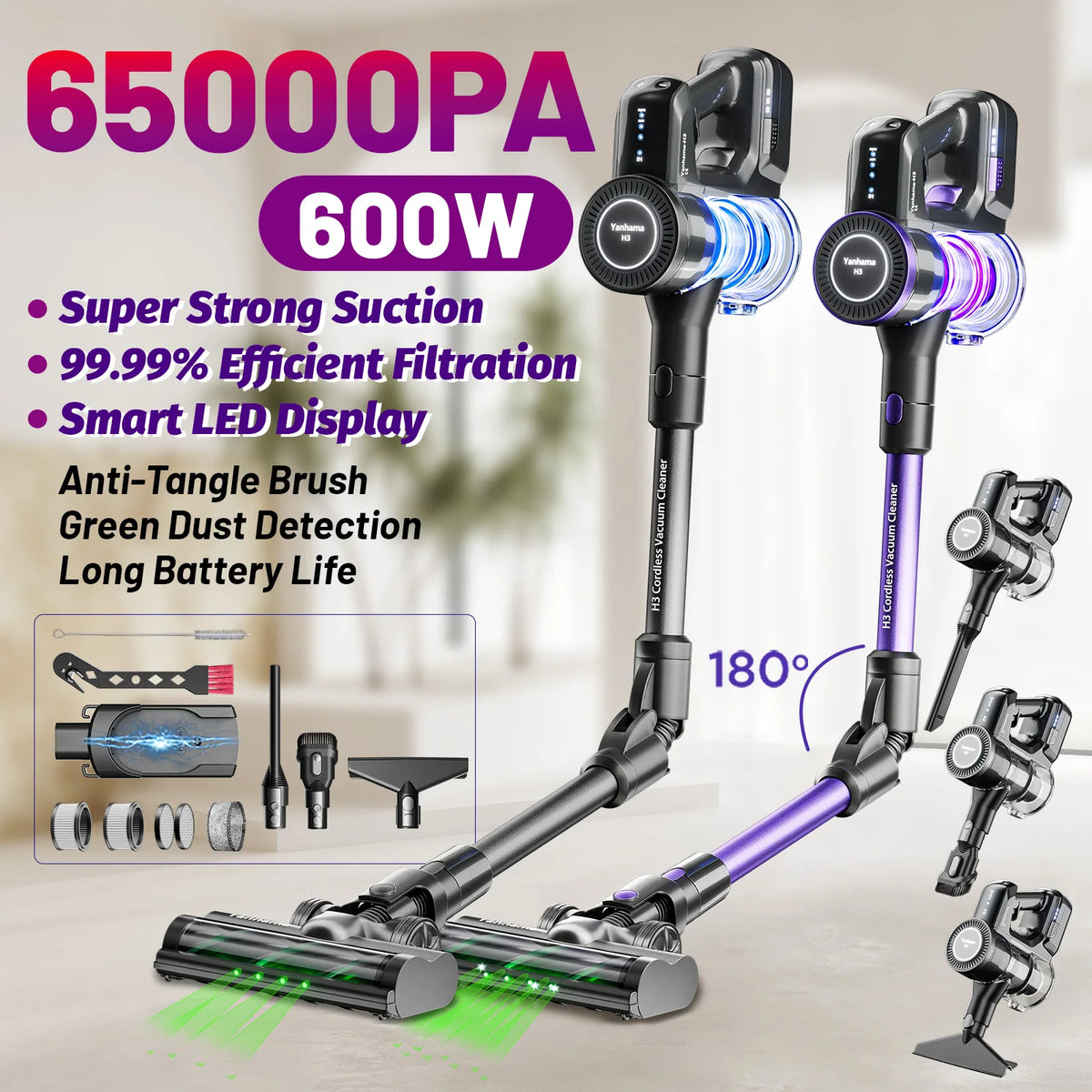 Yanhama 65kpa/600w 180 Foldable Cordless Vacuum Anti-Tangle Brush