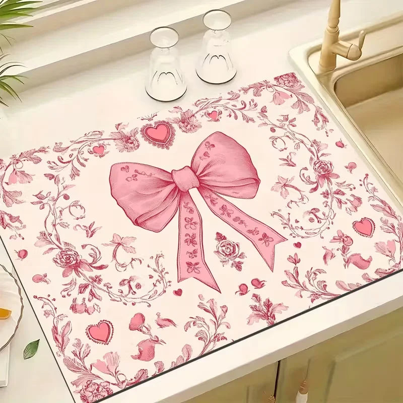 Romantic Pink Bow Floral Print Counter Drying Mat