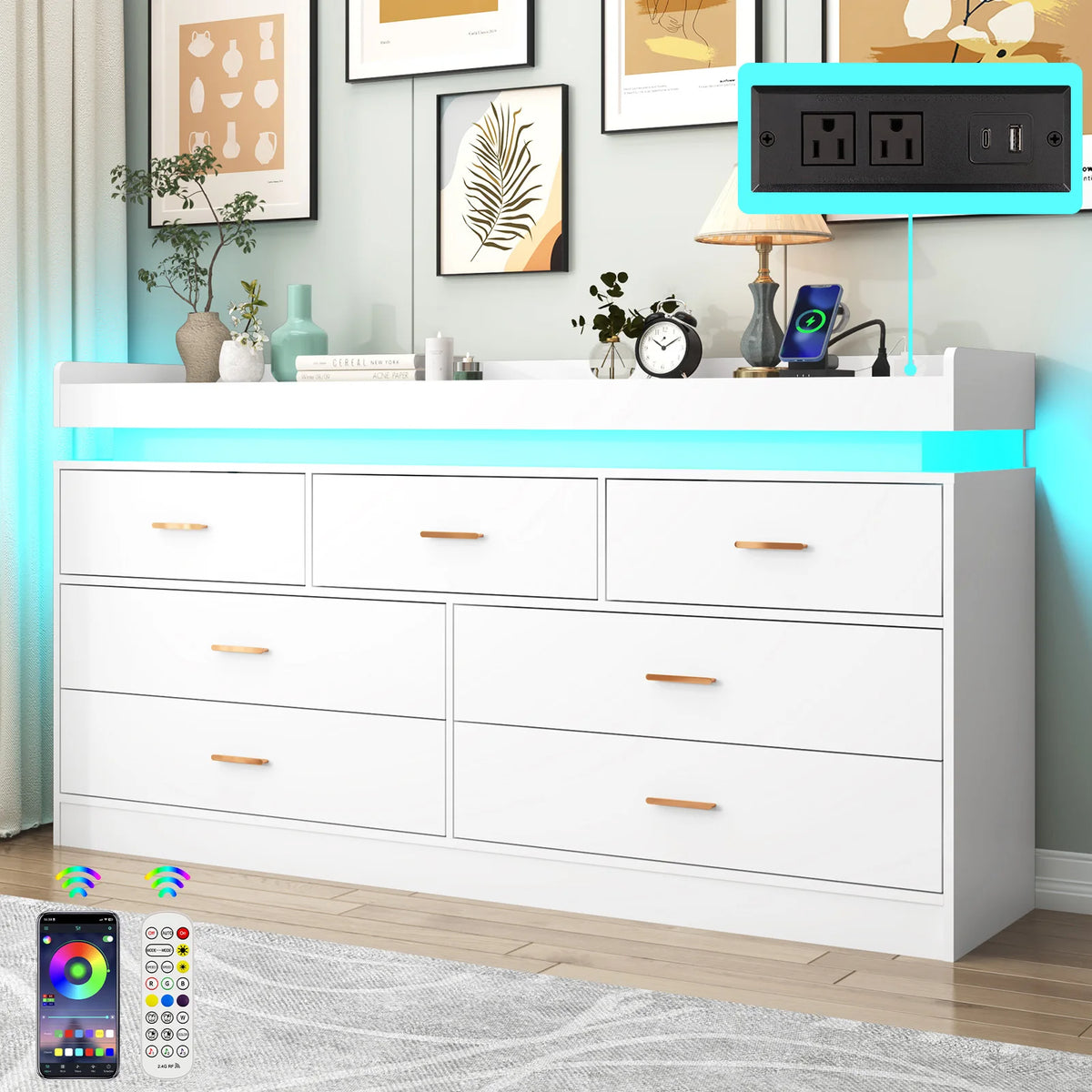 Drawer Dresser Led Light Charging Station Modern Chest