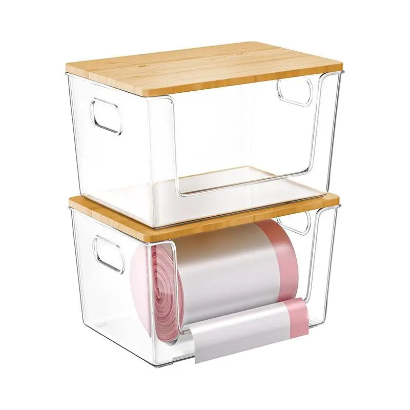 Stackable Pantry Organizers Wooden Lids Storage Clear Bins