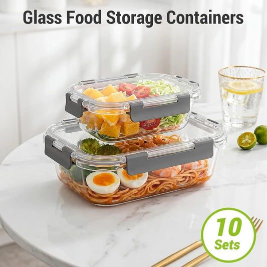 10 Sets Glass Food Storage Containers Lids Airtight