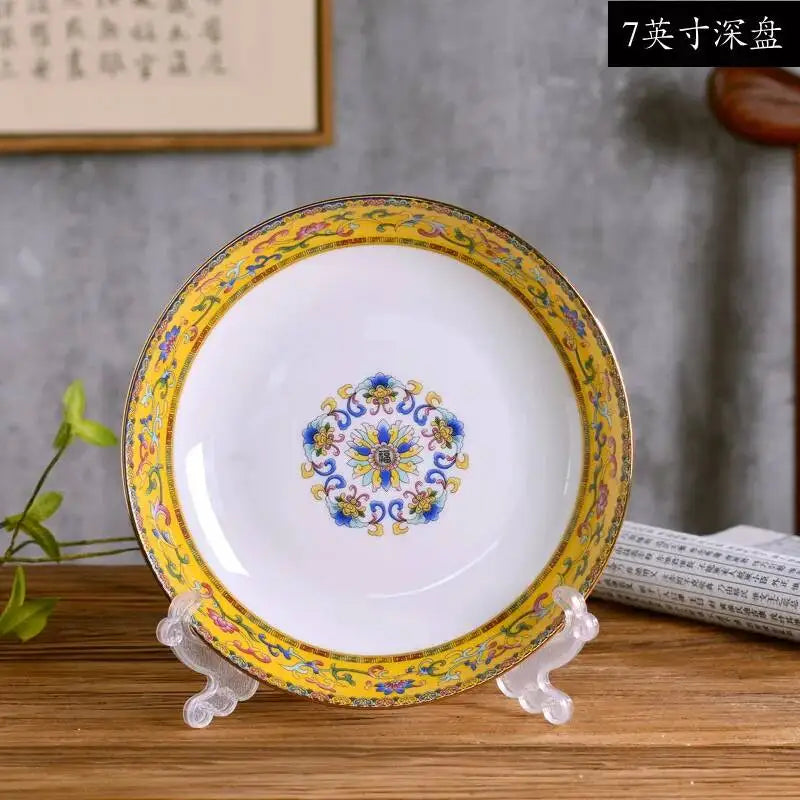 Gold Border Enamel Deep Plate Chinese Bone China