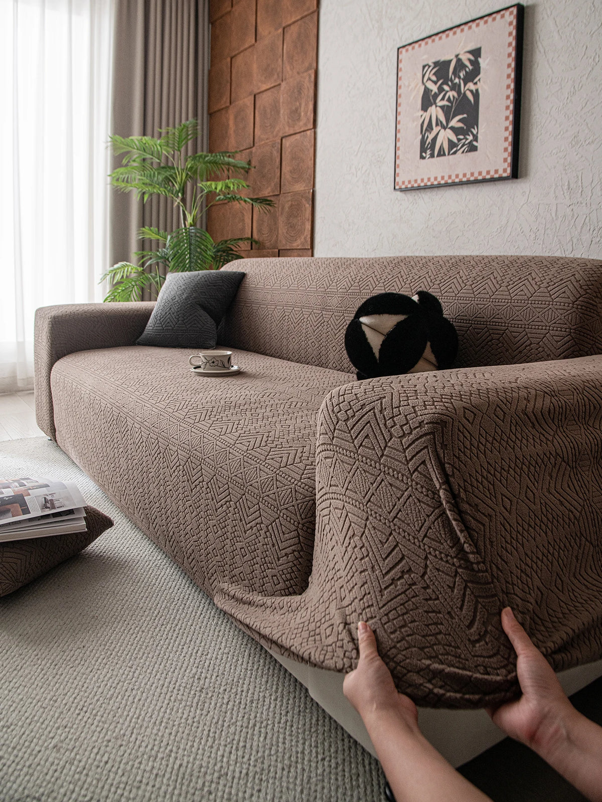Polar Fleece Jacquard Sofa Cover Geometric Pattern High