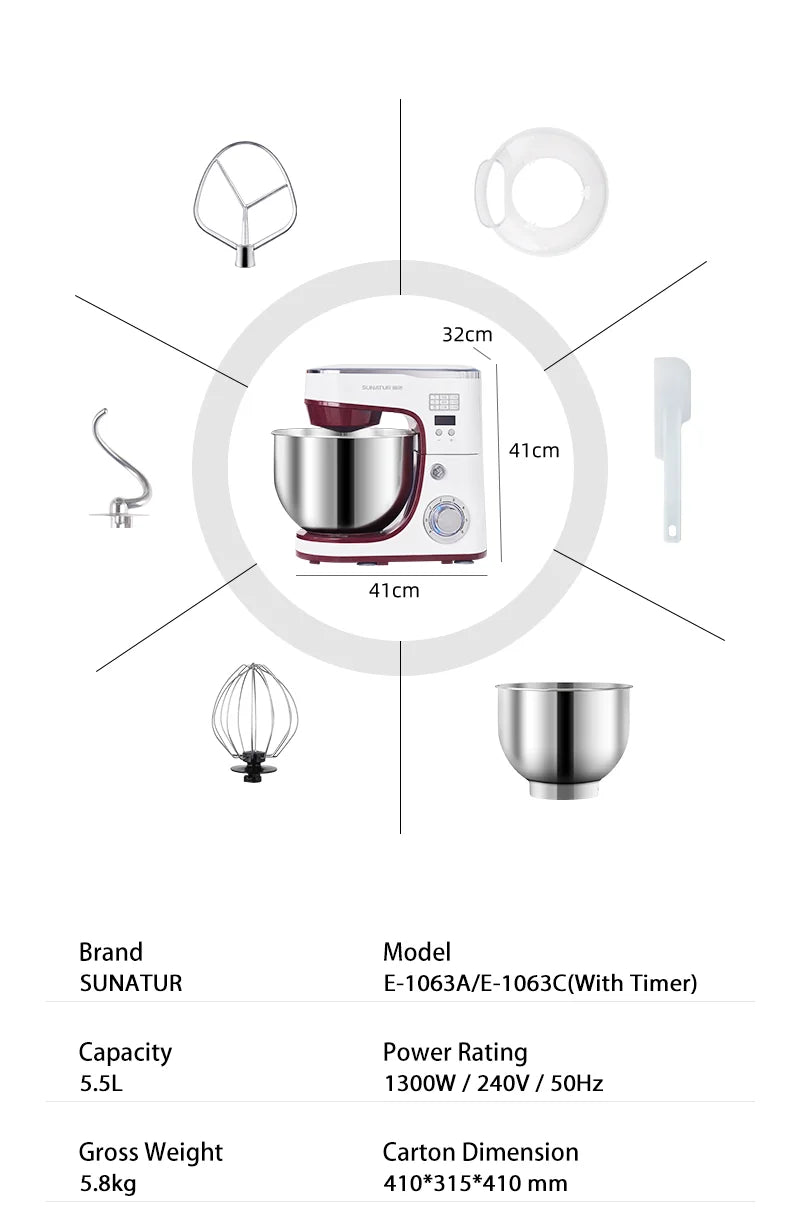 Sunatur 1063 Stand Mixer 1300w 5l Automatic Dough