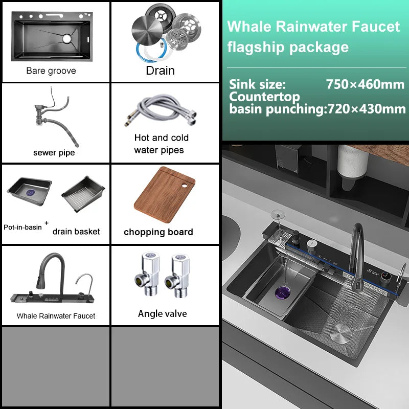 Waterfall Digital Display Sink Stainless Steel Wash Dish