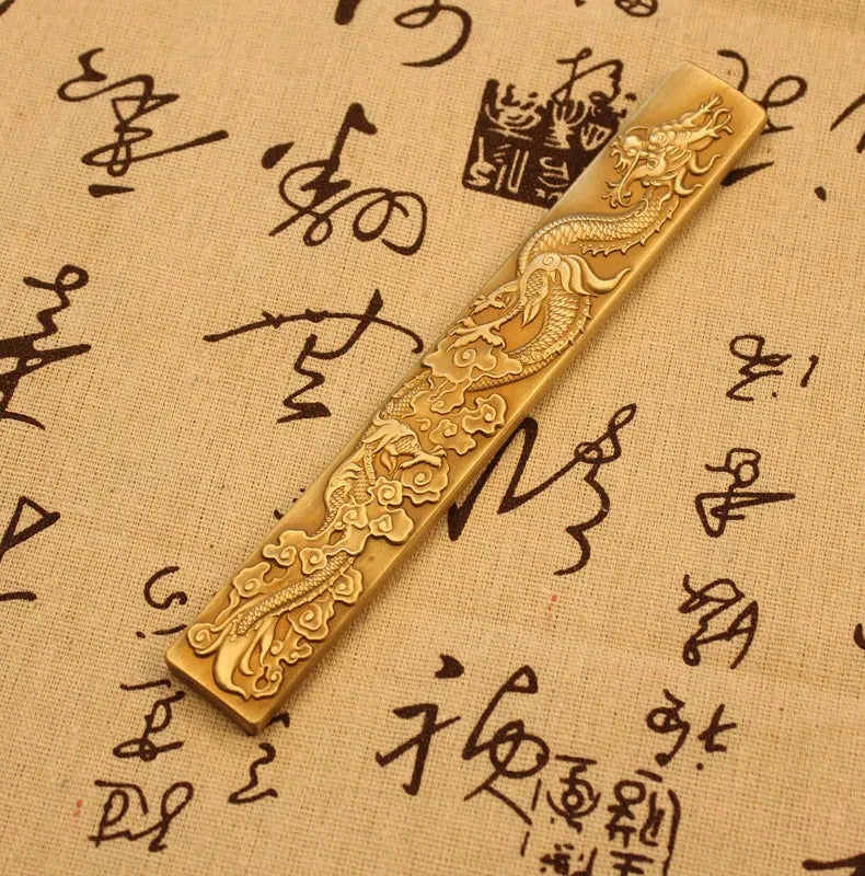 Chinese Style Brass Paperweight Antique Hand Painting Calligraphy