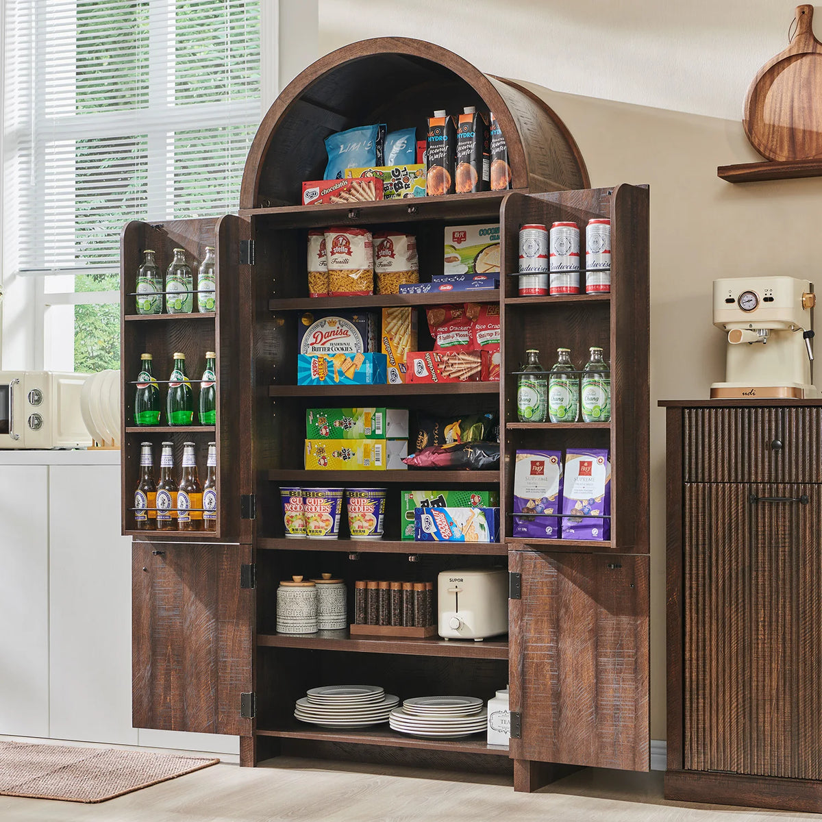 71 Tall Arched Pantry Fluted Wood Cabinet Storage