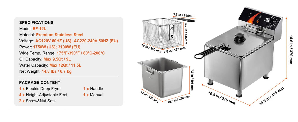 Succebuy Commercial Deep Fryer Electric Countertop Fryer Basket