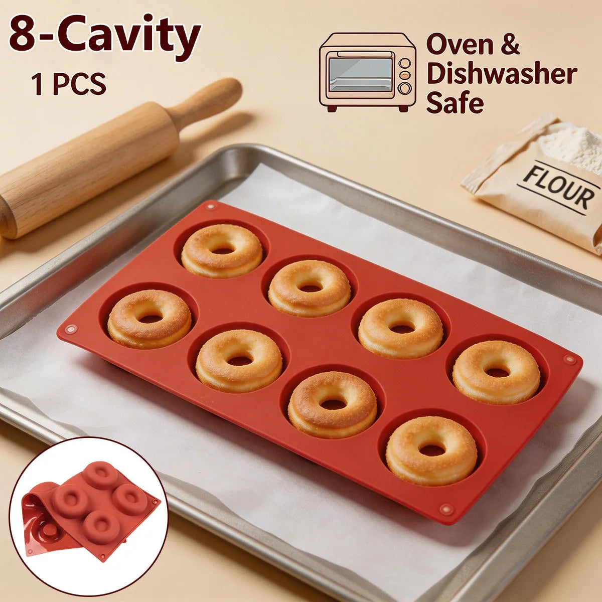 8-Slot Silicone Mini Donut Mold Non-Stick Doughnut Baking