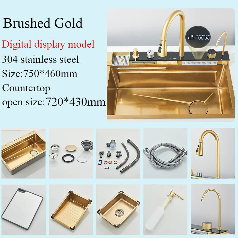 Stainless Steel Waterfall Sink Large Slot Integrated Digital
