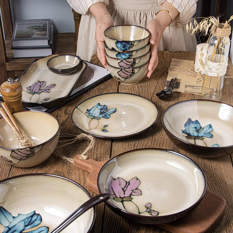 Ceramic Hand-Painted Flowers Creative Dish Plate Japanese