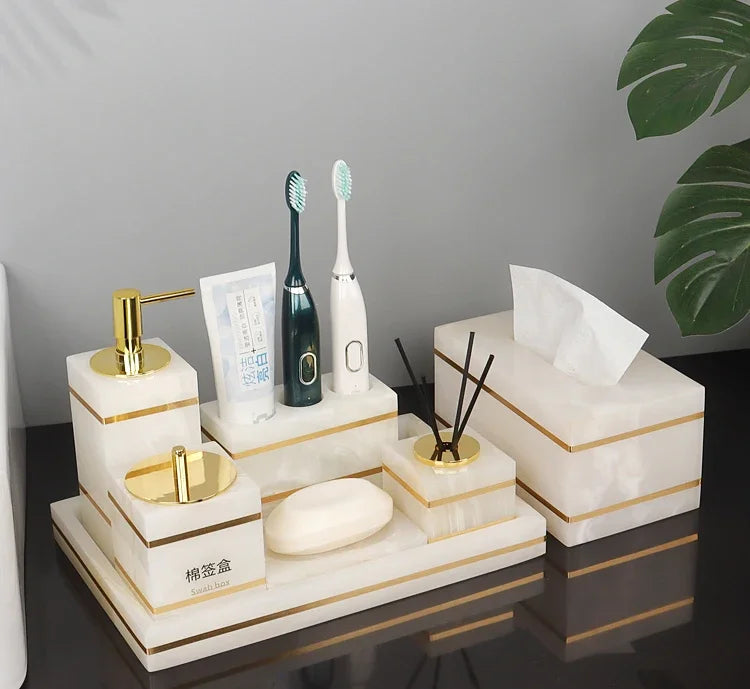 Natural Marble Bathroom Luxury Golden Soap Dispenser Toothbrush