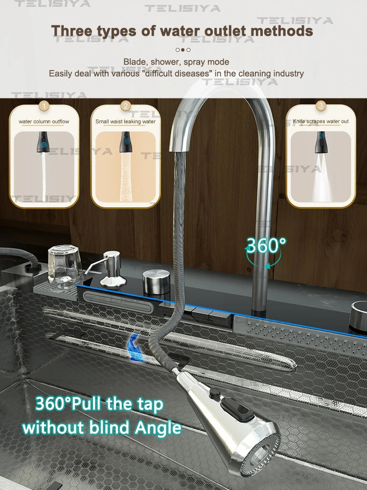 Stainless Steel Sink Digital Display Waterfall Large Slot