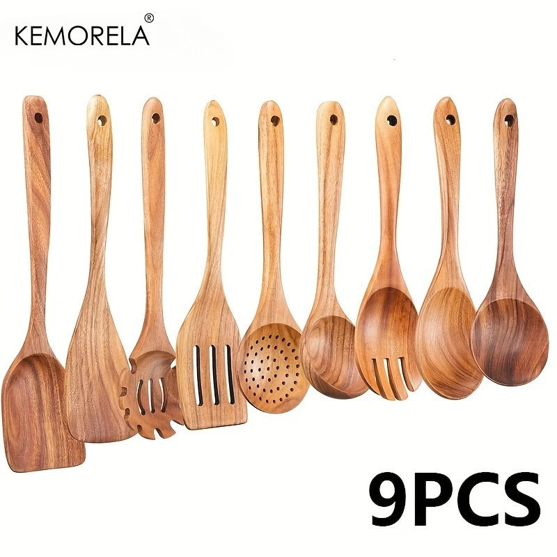 9pcs Acacia Wood Utensils - Natural Wood Cooking