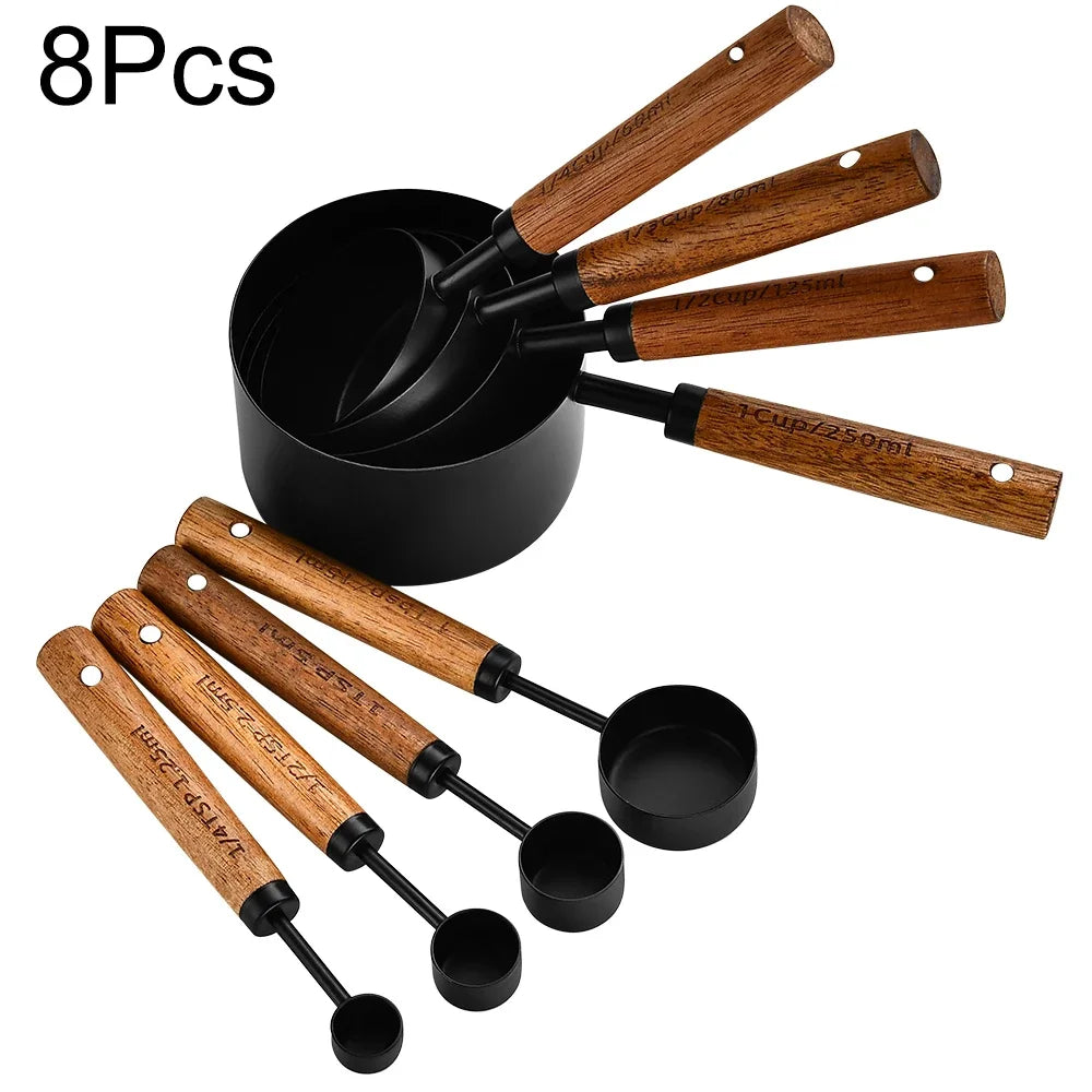 1/4/8pcs Gold Wooden Handle Stainless Steel Measuring Cups