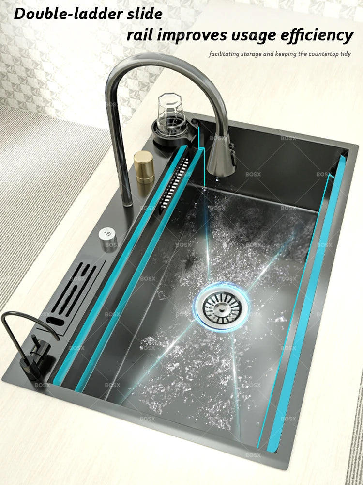 Sink Stainless Steel Large Slot Waterfall Faucet Dishwashing
