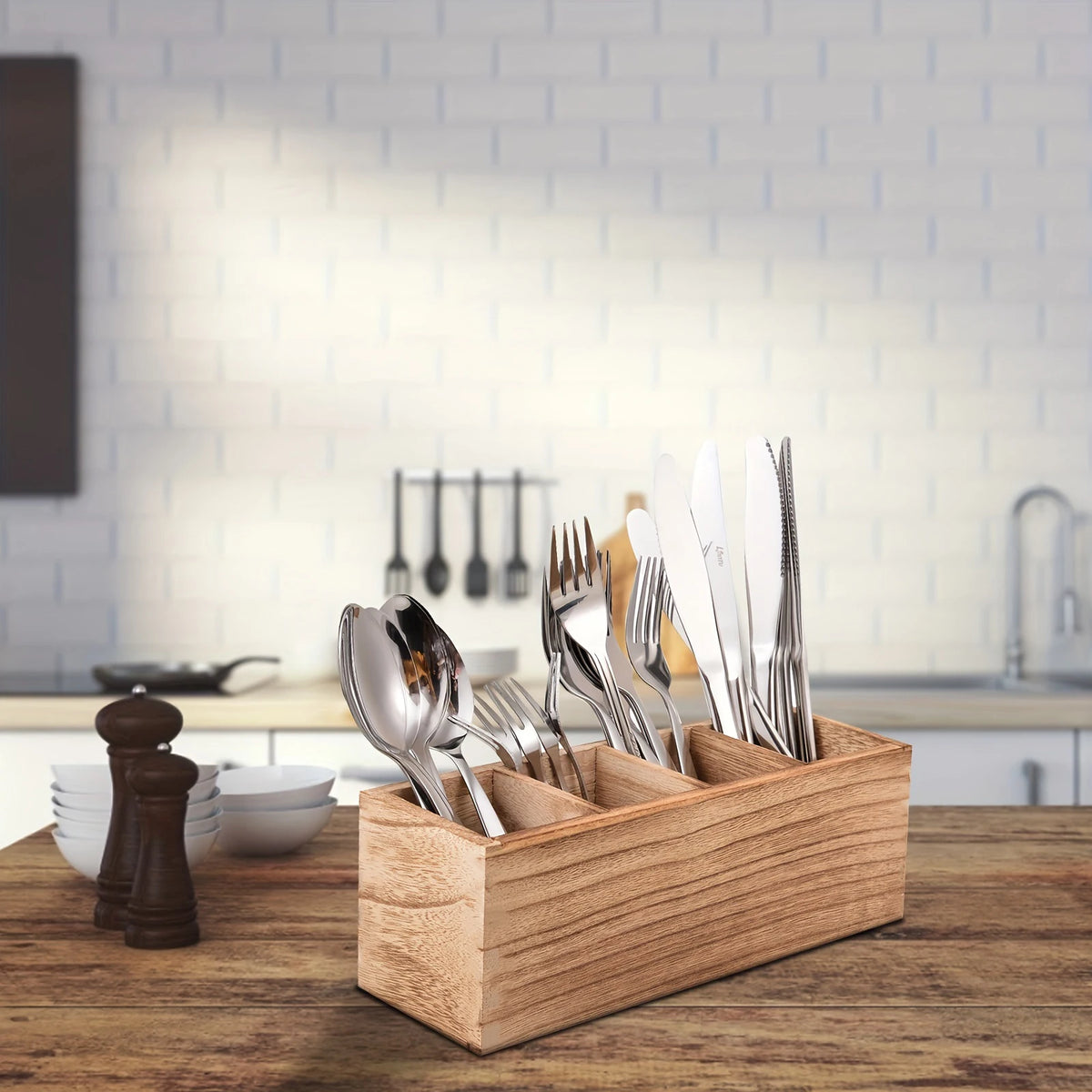 Wood Cutlery Caddy Utensil Organizer Compartments Silverware