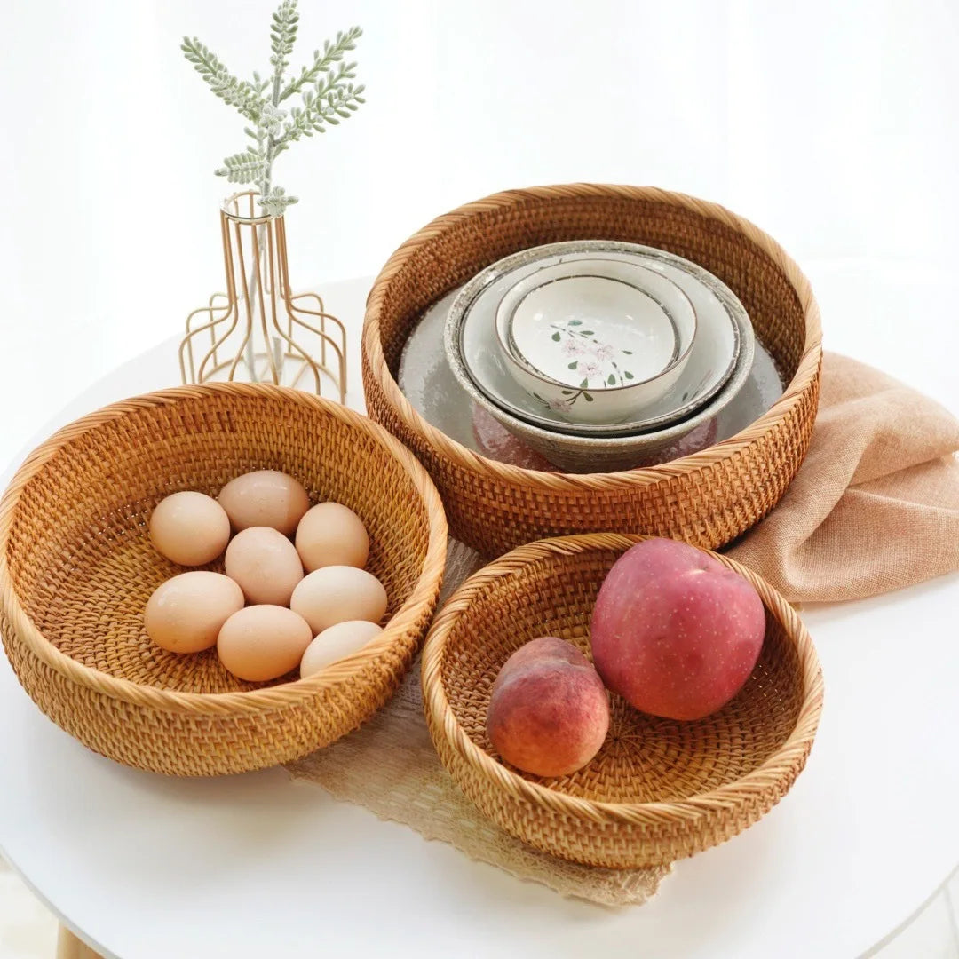 Round Rattan Fruit Basket Wicker Woven Snack Tray