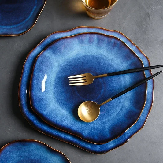 Ceramic Plates Deep Blue Irregular Flat Plate Pottery