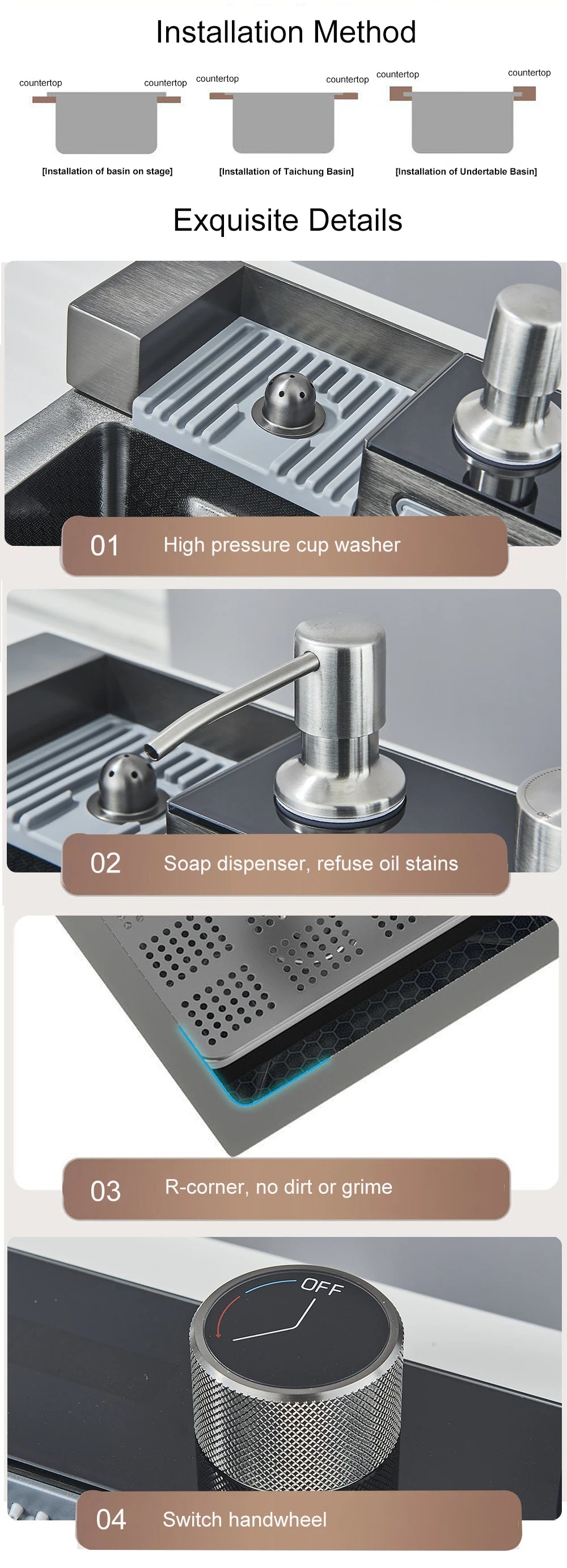304 Stainless Steel Waterfall Sink Digital Display Large