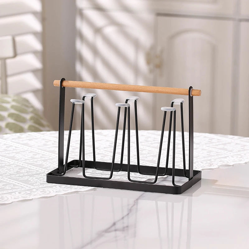 6-Cup Glass Cup Drying Rack Wooden Handle Countertop