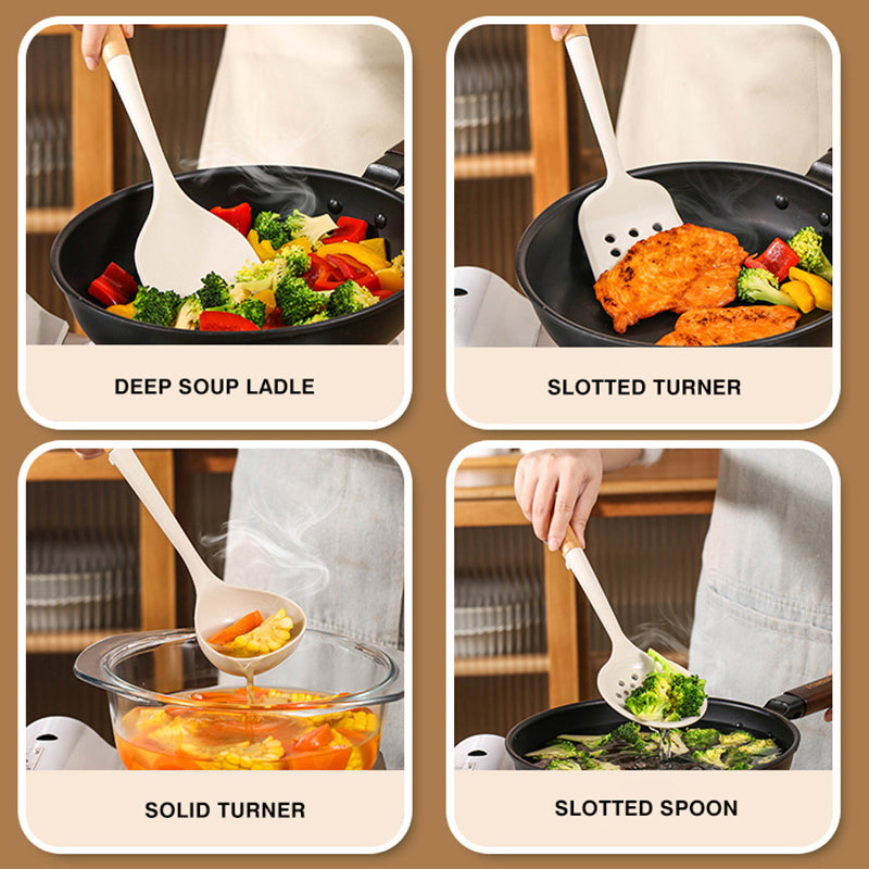 Silicone Cooking Utensils Durable Hardwood Handle Heat Resistant