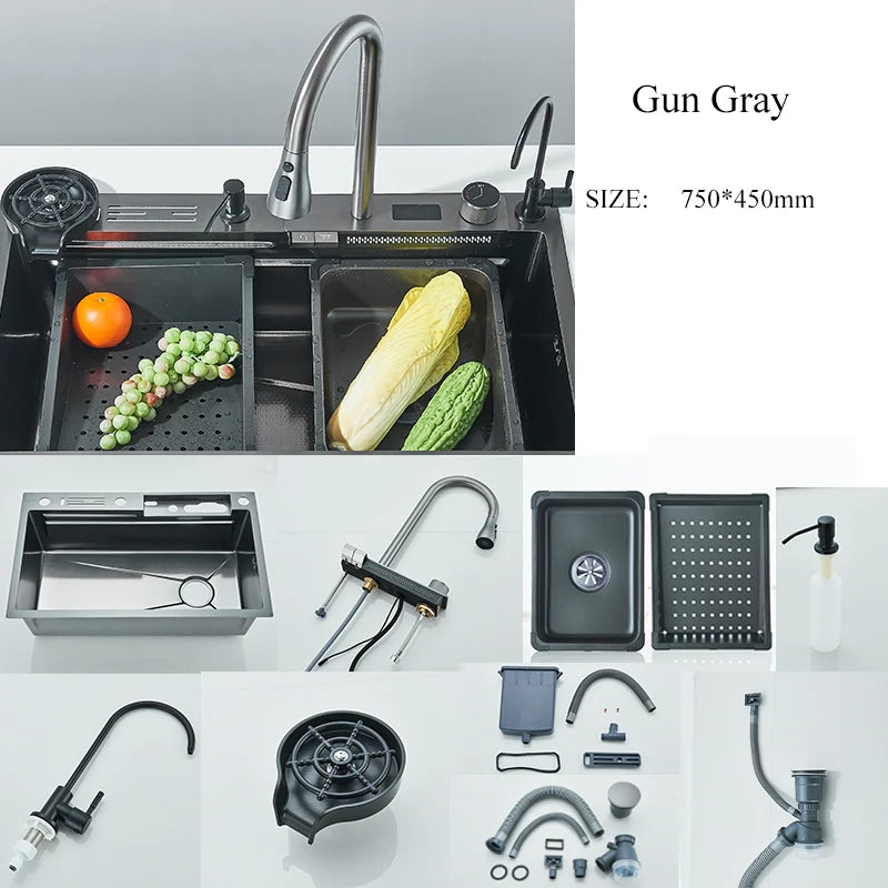 Golden Stainless Steel Sink Double Waterfall Digital Display