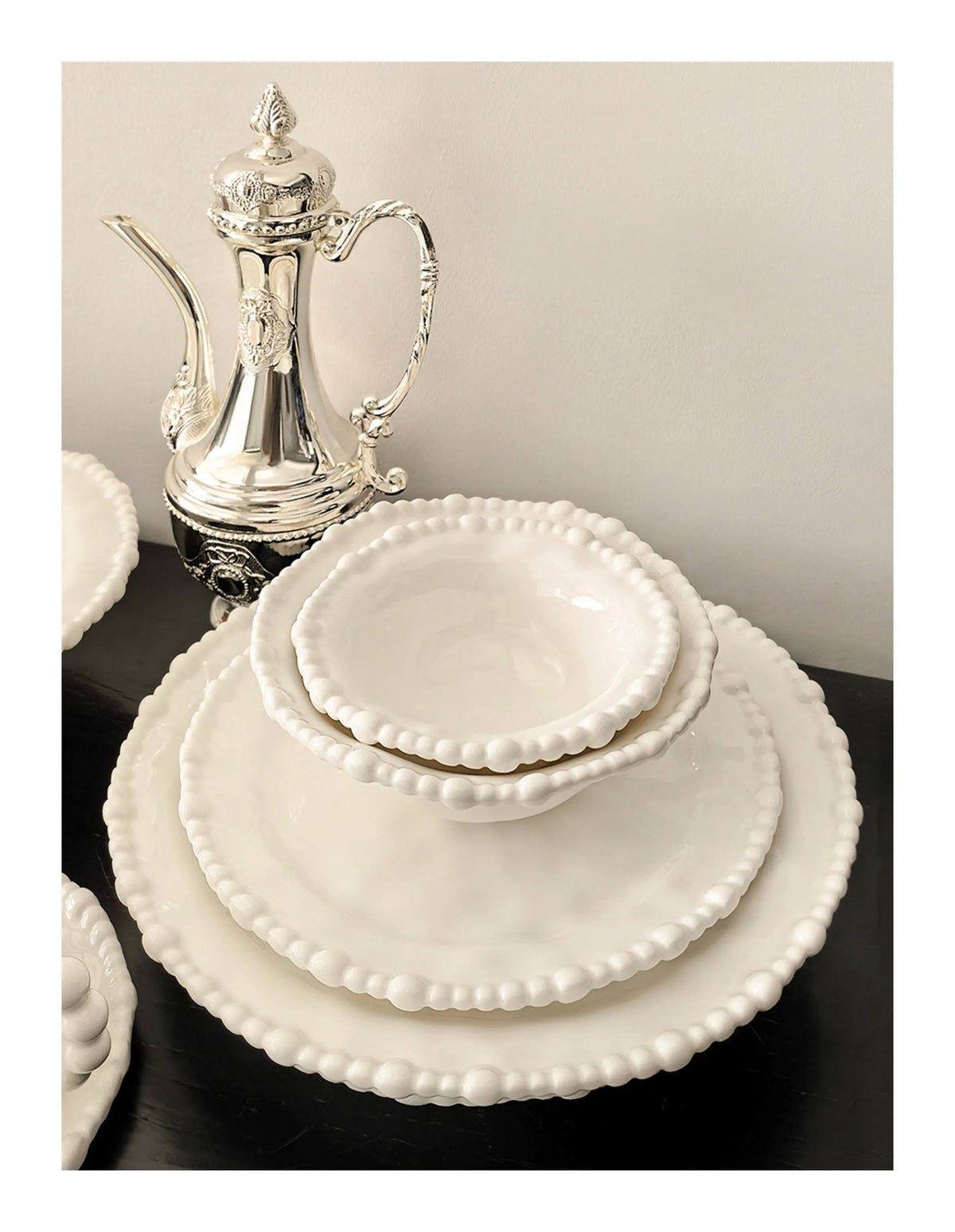 White Beaded 10 Ceramic Dinnerware Shallow Plates Scratch