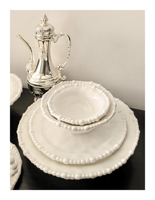 White Beaded 10 Ceramic Dinnerware Shallow Plates Scratch
