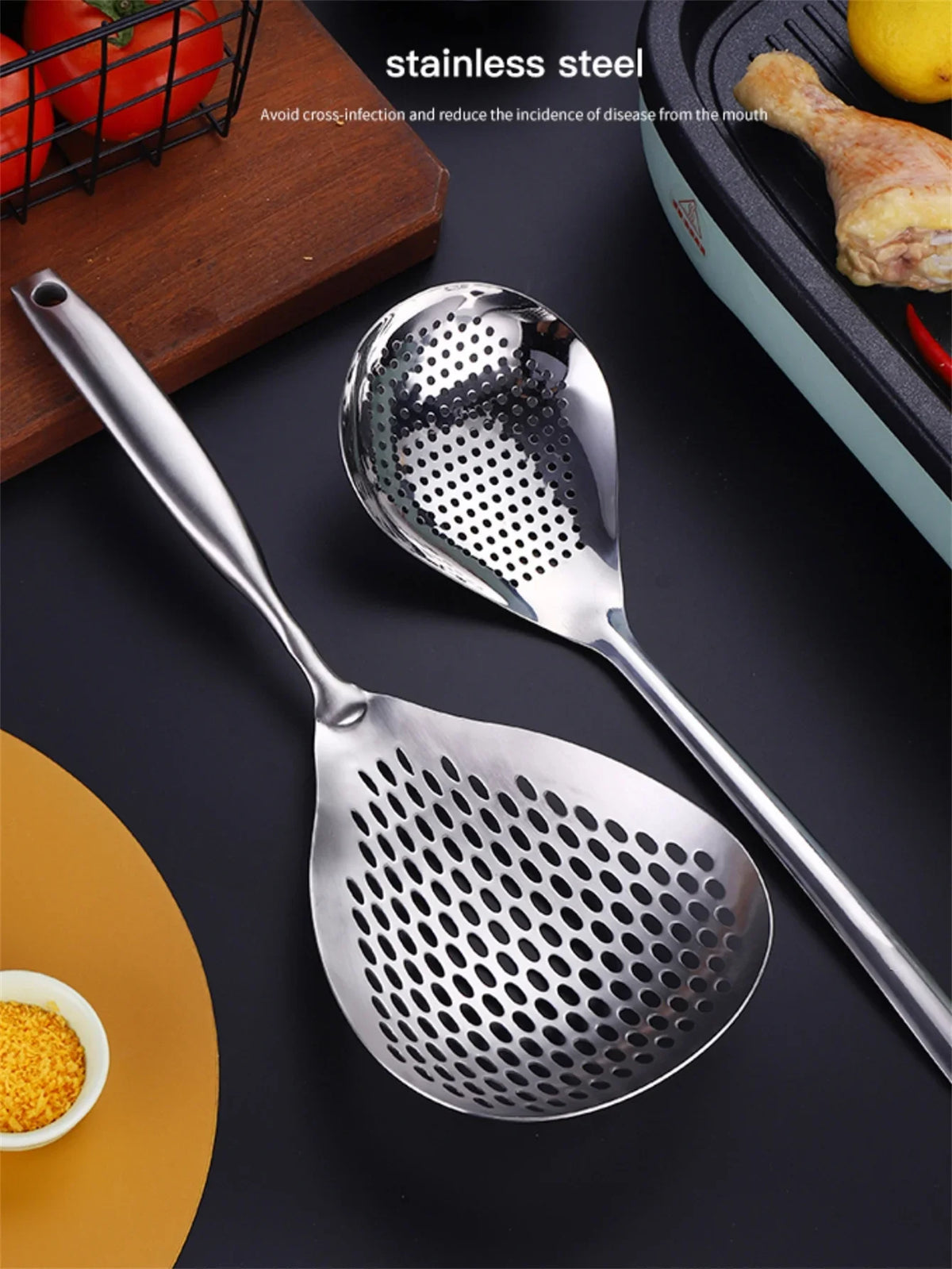 1pc Large Durable Stainless Steel Colander Skimmer Spoon