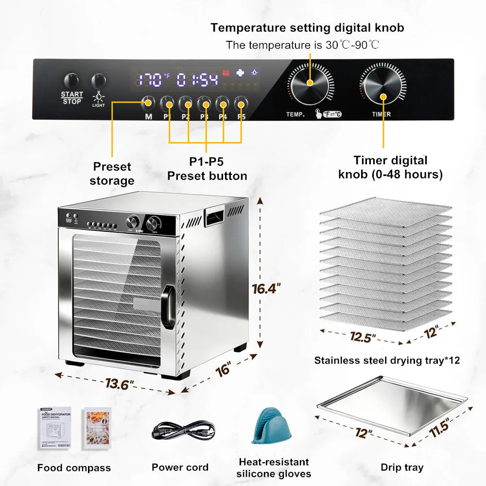 12-Tier Compact Food Dehydrator Multi-Purpose Dryer Jerky Fruits