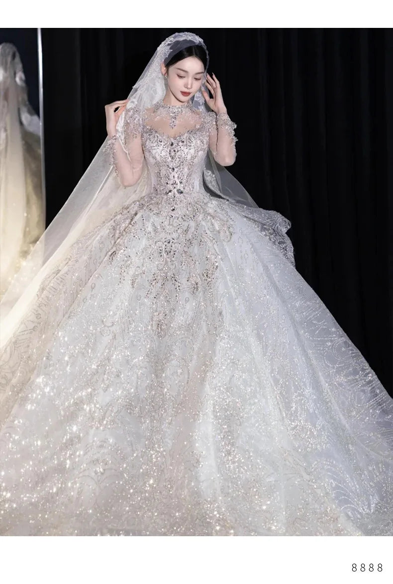 Full Sleeve Wedding Dresses Shinny Wedding Dress Classic
