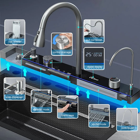 304 Stainless Steel Waterfall Sink Digital Display Large