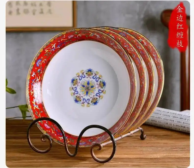 Gold Border Enamel Deep Plate Chinese Bone China