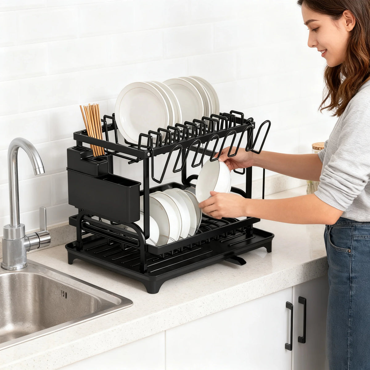 Dish Drying Rack Double-Layer Tray Storage Rack Sturdy