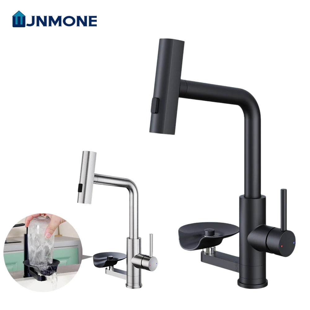 Brushed/Black Sink Faucet Cup Wash Waterfall Pull Out