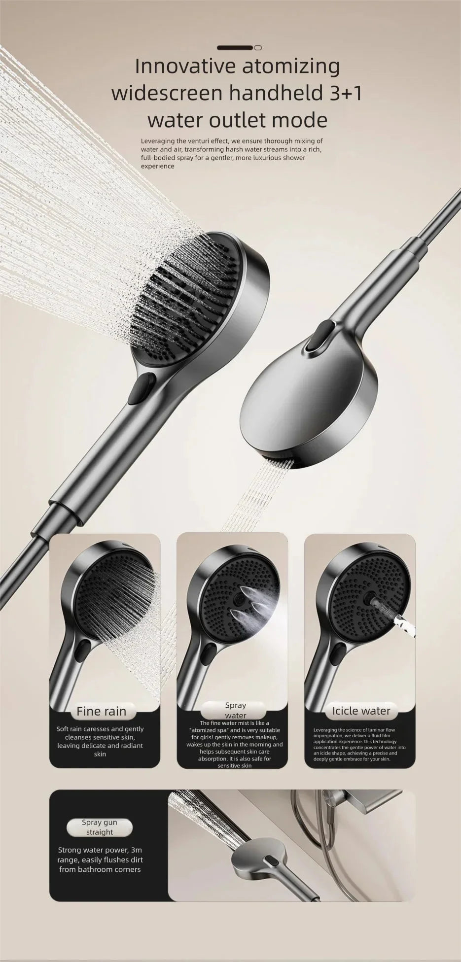 Bathroom Aluminum Gunmetal Gray Shower Silicone Brush Head